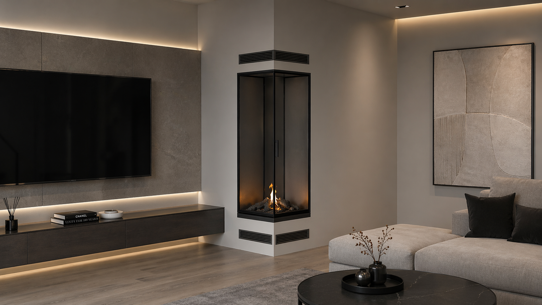 Bioethanol Eckkamin BASE Vertikal Vollglas Links 80x120 - Wohnzimmer