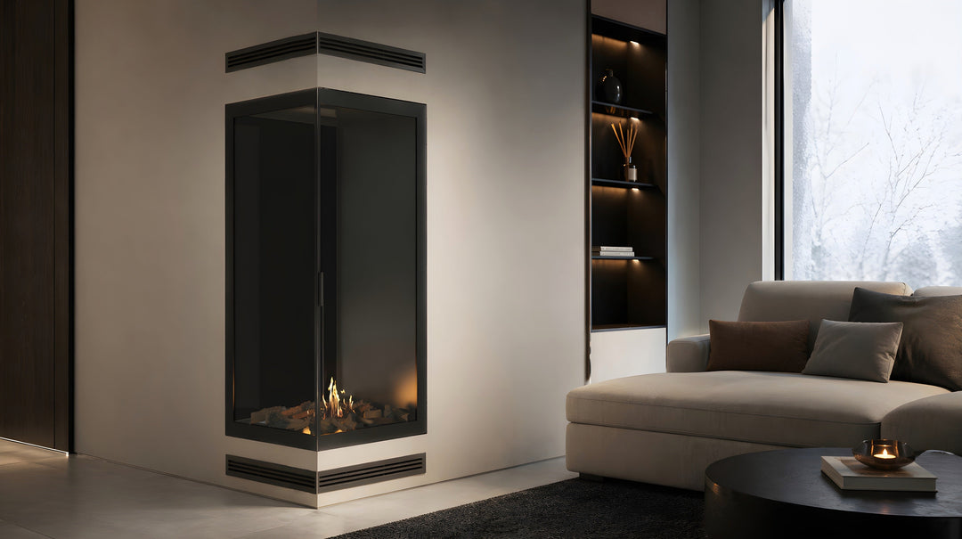 Bioethanol Eckkamin BASE Vertikal Vollglas Links 80x140 - Seitenansicht