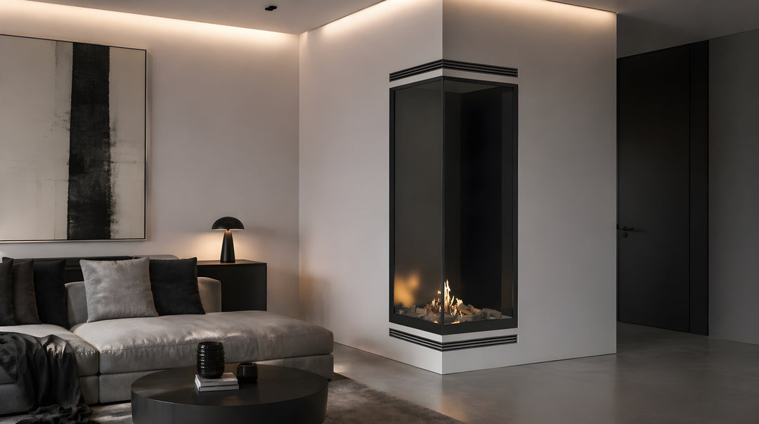 Bioethanol Eckkamin BASE Vertikal Vollglas Links 80x200 - Wohnzimmer