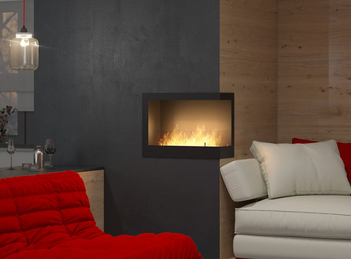 Bioethanol Eck Einbaukamin CORNER R600 in Schwarz mit Flammen in einer Wand mit Holzverkleidung