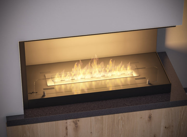 Bioethanol Eck Einbaukamin INSIDE 80 Rechts in Schwarz mit Flammen und Glasscheibe im Detail über einer Holzablage