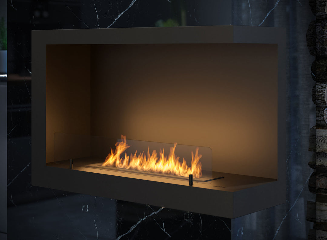 Bioethanol Eck Einbaukamin INSIDE 80 Rechts in Schwarz mit Flammen in einer Wand aus dunklem Marmor