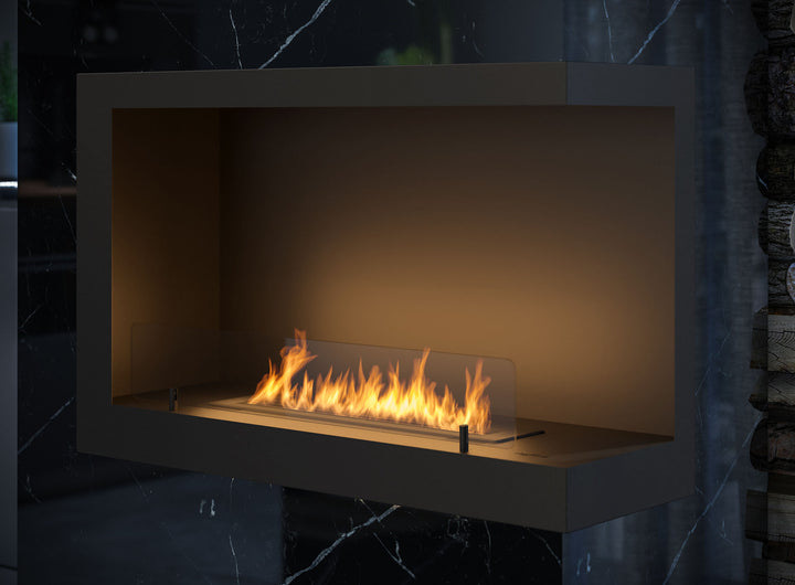 Bioethanol Eck Einbaukamin INSIDE 80 Rechts in Schwarz mit Flammen in einer Wand aus dunklem Marmor