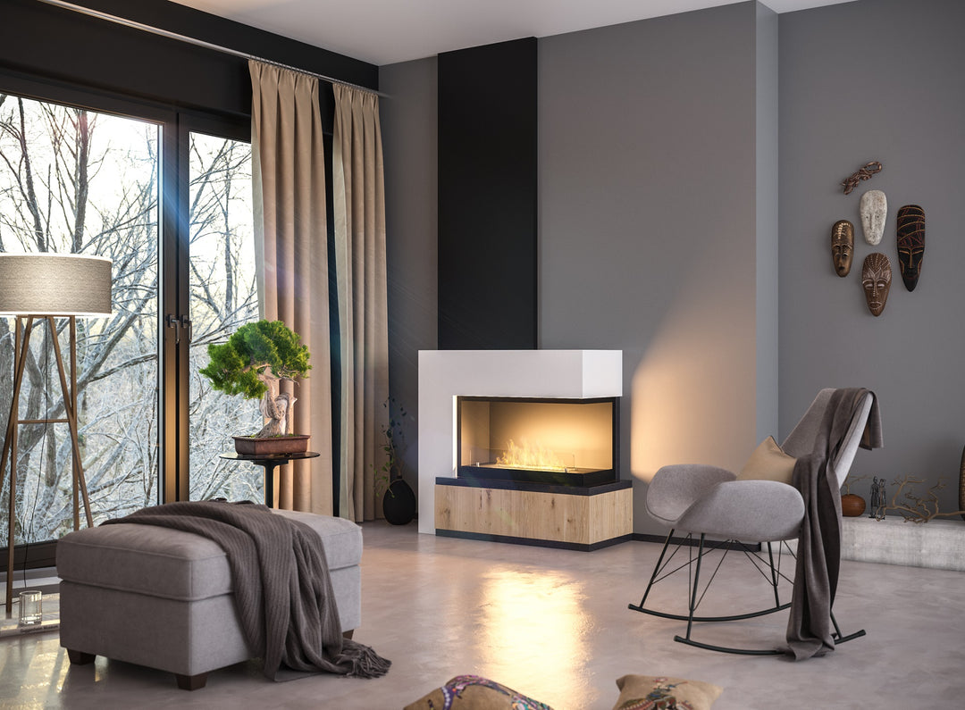Bioethanol Eck Einbaukamin INSIDE 80 Rechts in Schwarz mit Flammen in einem Wohnzimmer mit Sessel und Fensterfront