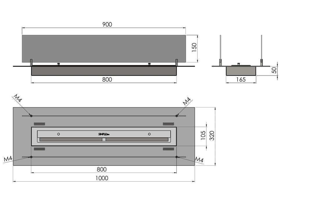Technische Zeichnung Bioethanol Einbaubrenner SIMPLE INSERT 1000 von SimpleFire