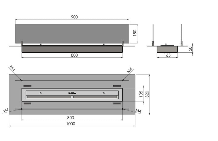 Technische Zeichnung Bioethanol Einbaubrenner SIMPLE INSERT 1000 von SimpleFire