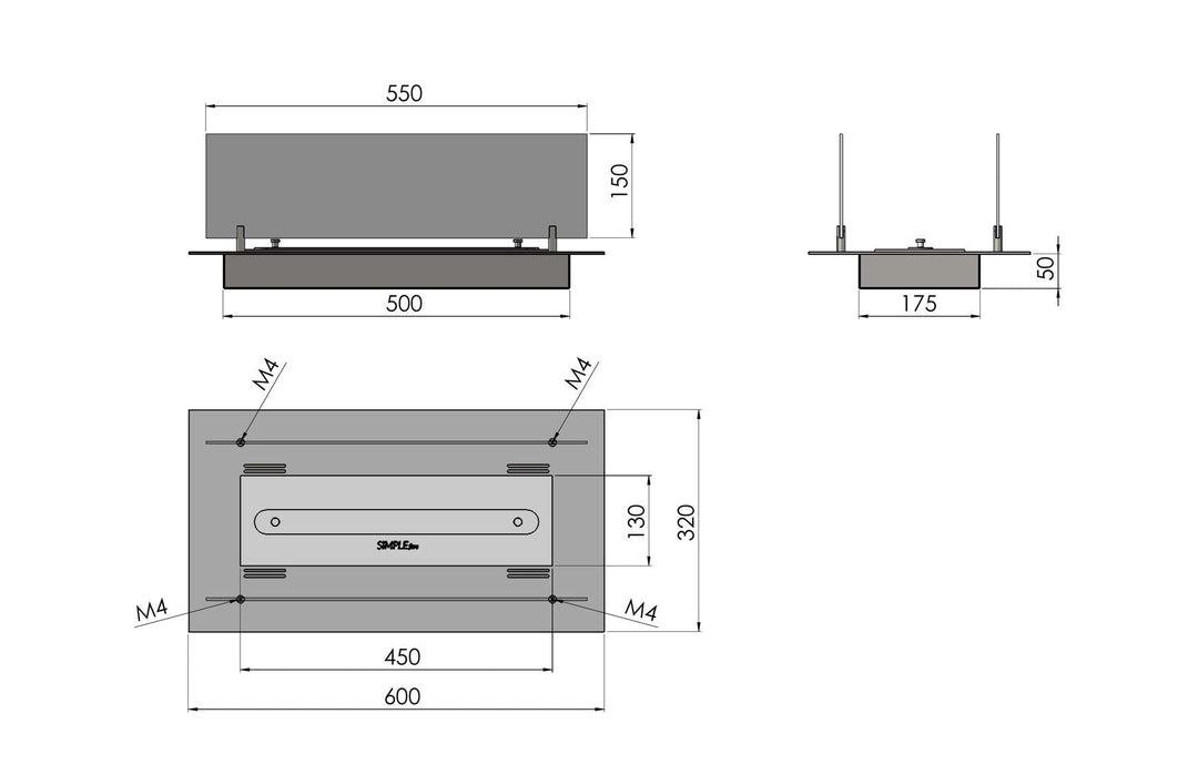 Technische Zeichnung Bioethanol Einbaubrenner SIMPLE INSERT 600 von SimpleFire
