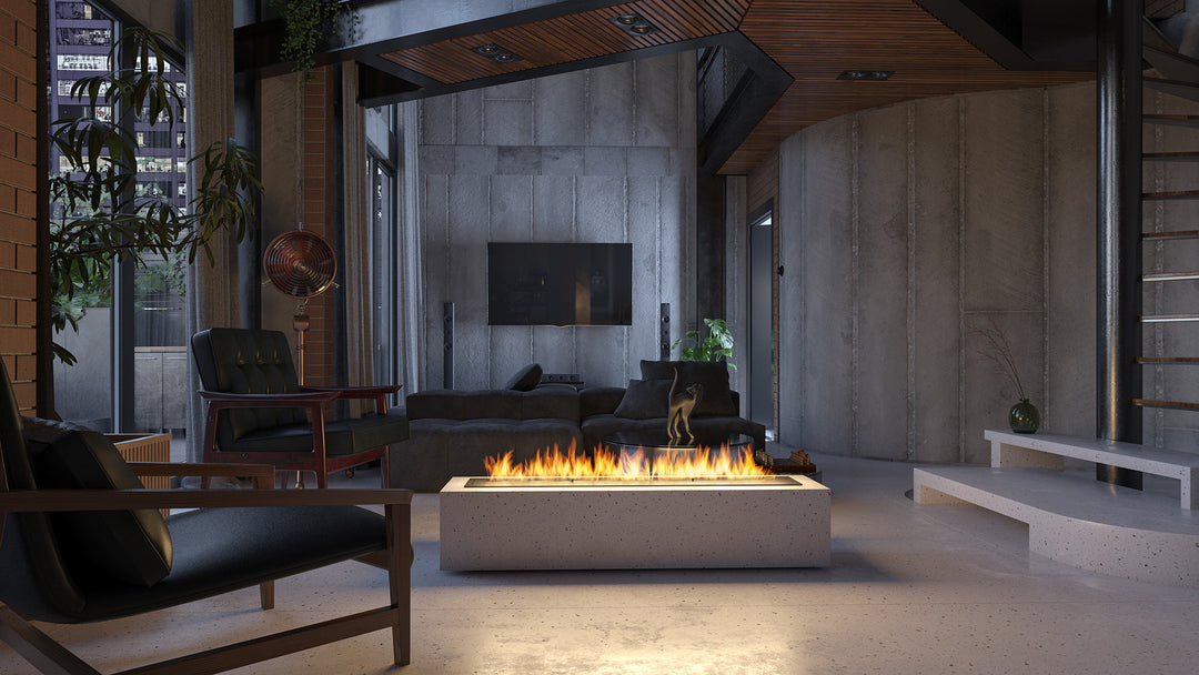 Bioethanol Einbaubrenner WAVE 120 cm mit Flammen in einem Betonsockel in einem modernen Loft