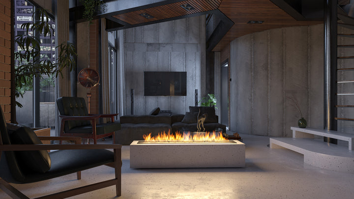 Bioethanol Einbaubrenner WAVE 120 cm mit Flammen in einem Betonsockel in einem modernen Loft