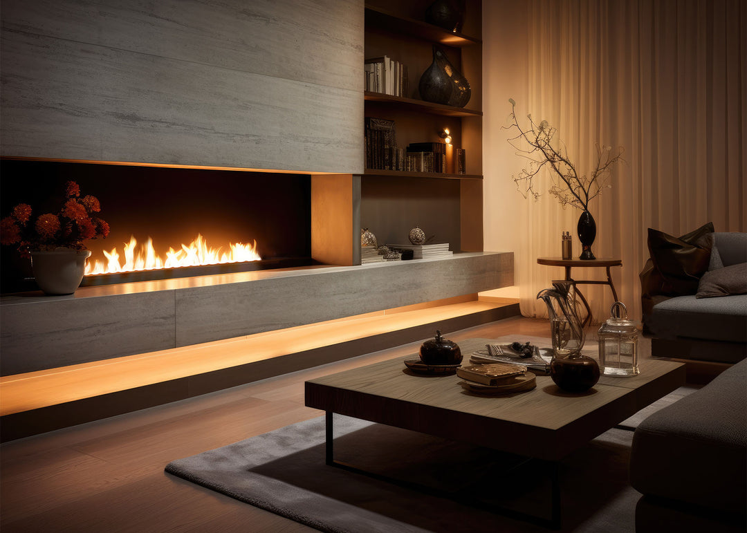 Bioethanol Einbaubrenner WAVE 120 cm mit Flammen in einer Wohnwand mit Holzverkleidung