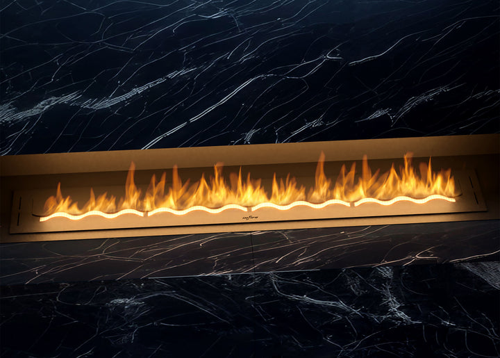 Bioethanol Einbaubrenner WAVE 150 cm Flammenbild im Detail in schwarzem Marmor