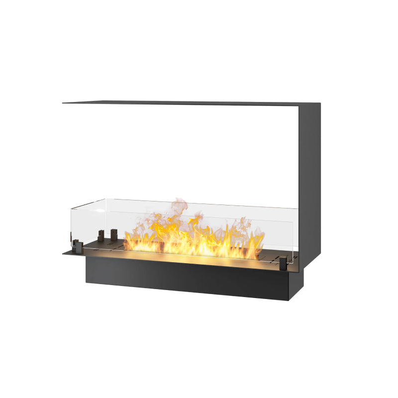 Dreiseitiger Bioethanol Einbaukamin INSIDE U 80 SLIM in Schwarz mit Glas und Flammen Perspektivansicht auf weißem Hintergrund