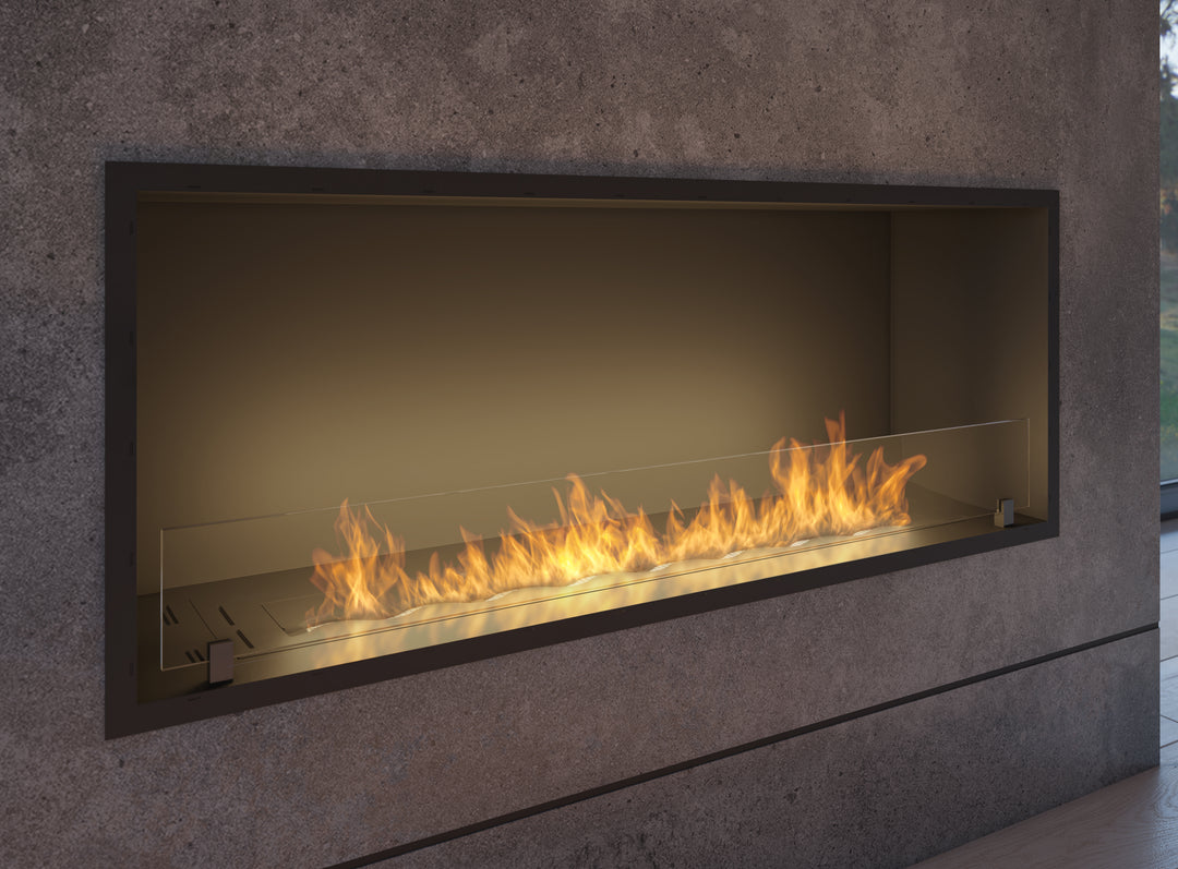 Bioethanol Einbaukamin INSIDE SLIM 1200 in Schwarz mit Glas und Flammen in einer Betonwand