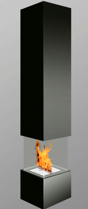 bioethanol-haengekamin-decke-deckenmontage-ethanolkamin-marsili-4side-viereckig-seidenmatt-schwarz-mit-glas-mit-flammen-seitlich