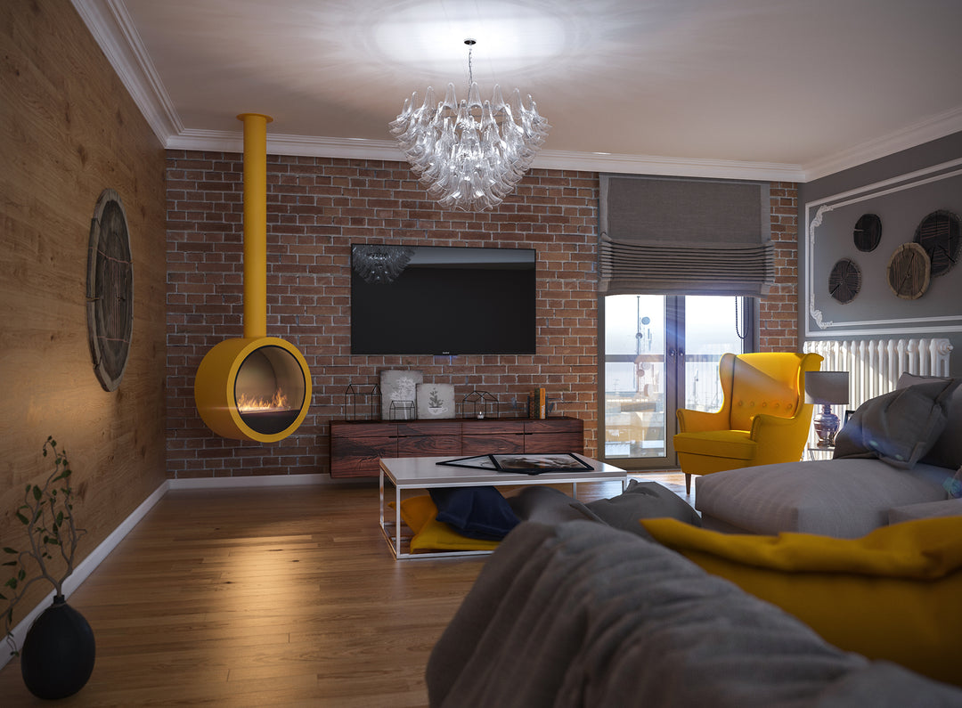 bioethanol-haengekamin-deckenmontage-incycle-infire-gelb-rund-mit-glas-mit-flammen-runde-kaminbasis-neben-holzwand-vor-backsteinwand-industrielles-interieur-luxurioes
