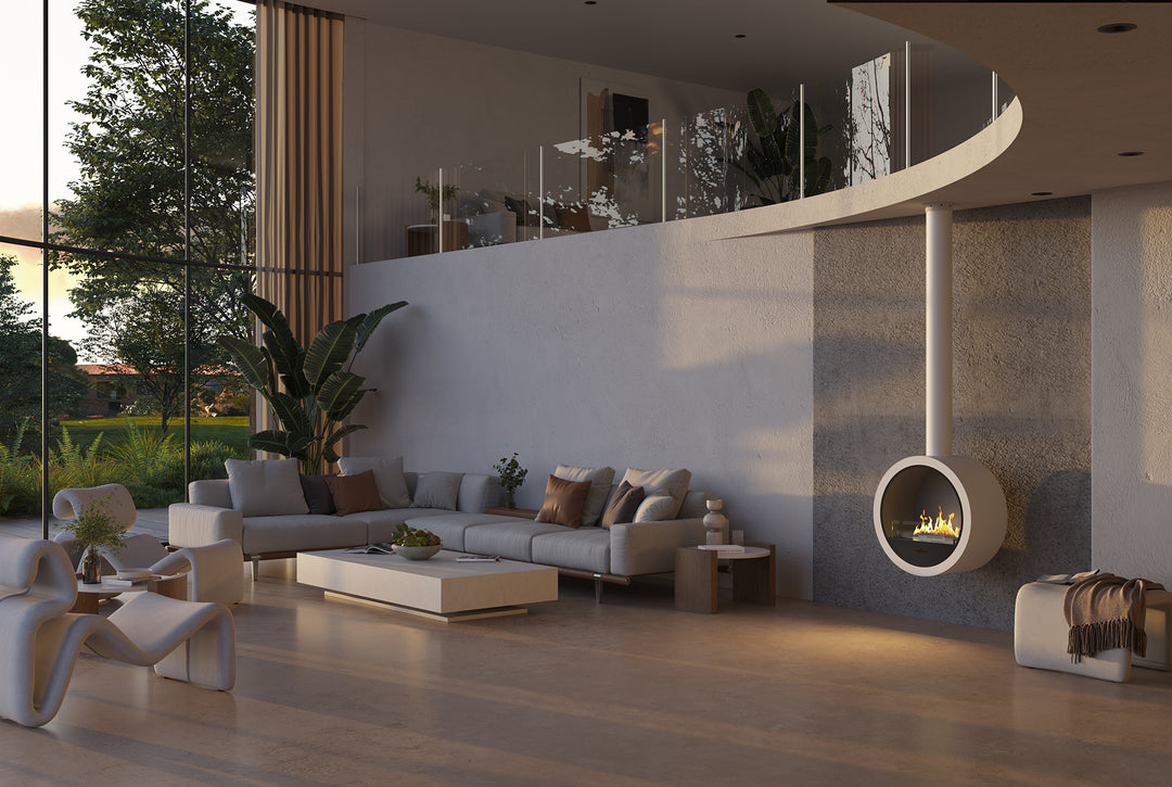 bioethanol-haengekamin-deckenmontage-incycle-infire-weiss-rund-mit-glas-mit-flammen-offnenes.-wohnzimmer-galerie-zwei-etagen-futuristisch-minimalistisch-wohnzimmer