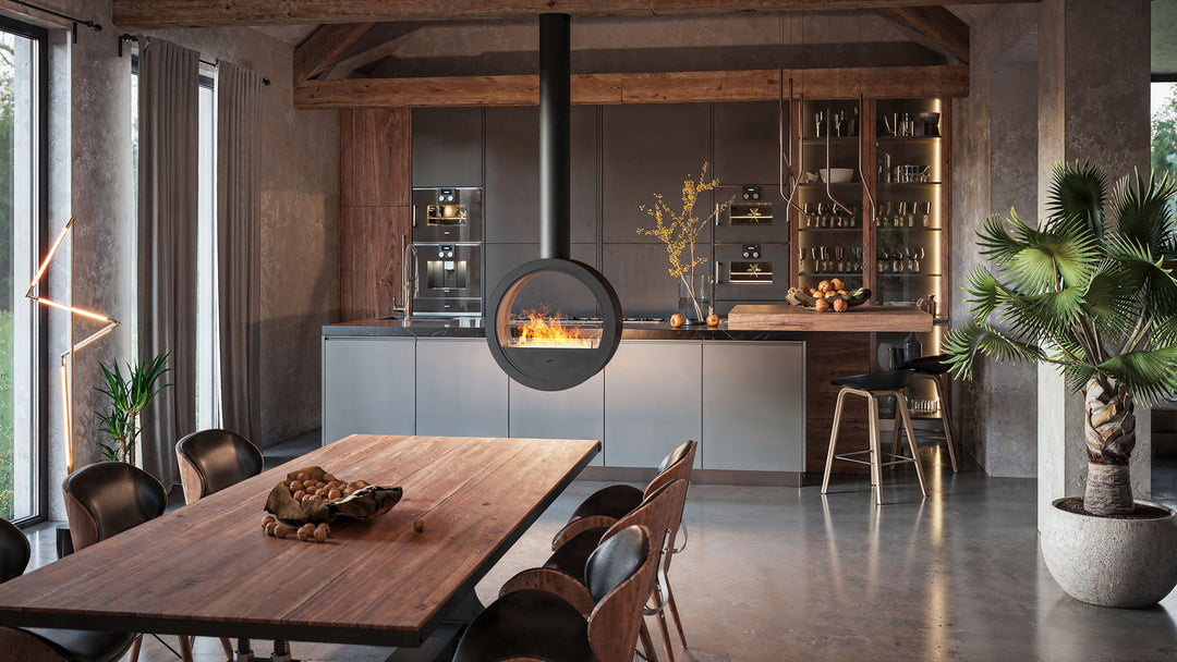 bioethanol-haengekamin-ethanolkamin-decke-deckenmontage-incycle-2side-infire-schwarz-kueche-offene-kochinsel-minimalistisch-esstisch-modern
