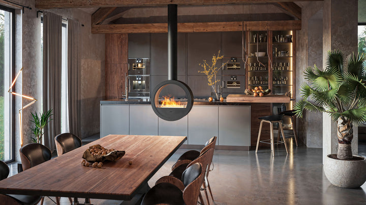 bioethanol-haengekamin-ethanolkamin-decke-deckenmontage-incycle-2side-infire-schwarz-kueche-offene-kochinsel-minimalistisch-esstisch-modern
