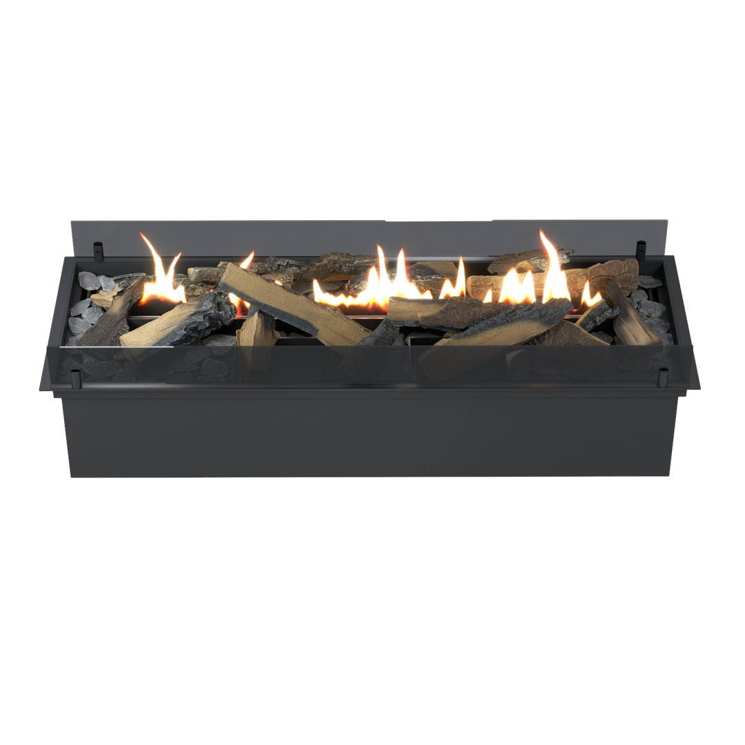 Automatischer Bioethanol Kamin SmartFire A6 mit Keramikholz Deko und Flammen Frontansicht auf schwarzem Hintergrund