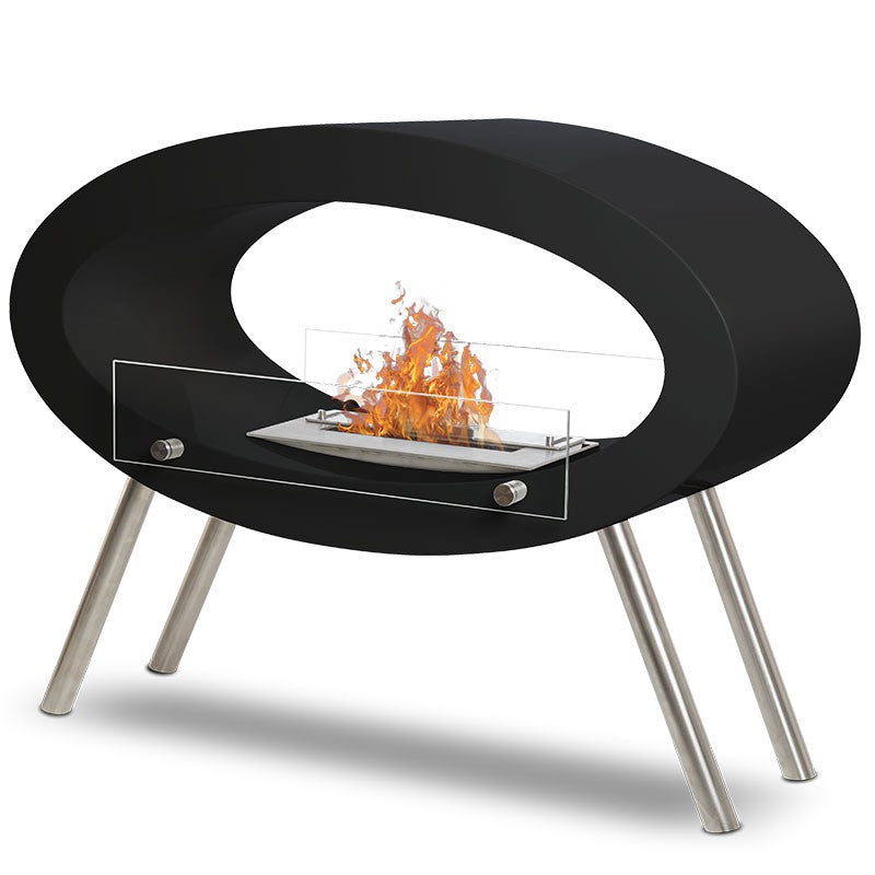 Freistehender Bioethanol Standkamin AMBROISE Schwarz Oval Zweiseitig mit Glas