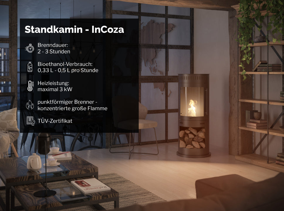 Bioethanol Standkamin INCOZA 4 in Schwarz im Wohnzimmer mit Infografik zu Brenndauer Verbrauch und Heizleistung