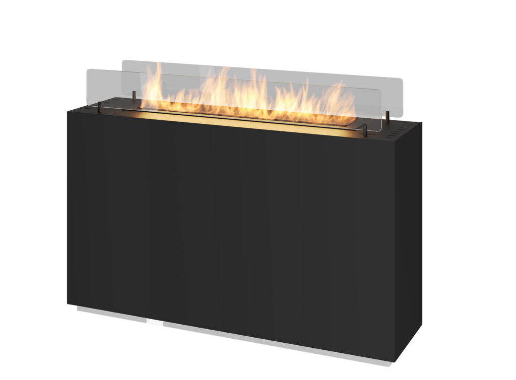 Bioethanol Standkamin INCUBE in Schwarz mit Glasscheiben und Flammen auf weißem Hintergrund