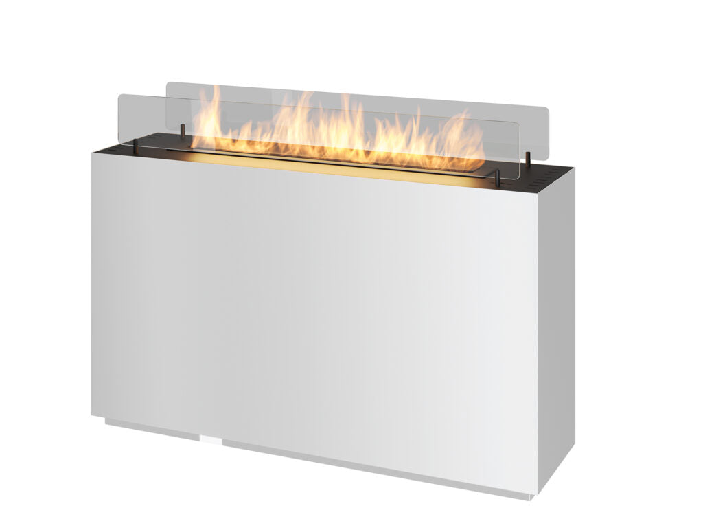 Bioethanol Standkamin INCUBE in Weiß mit Glasscheiben und Flammen auf weißem Hintergrund