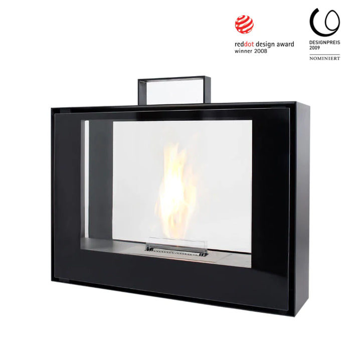 Bioethanol Standkamin TRAVELMATE von conmoto in Schwarz mit Logos von Red Dot Design Award und Designpreis