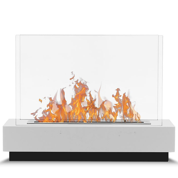 bioethanol-tischkamin-standkamin-freistehend-80x60x30cm-weiss-schwarz-mit-glas-ethanol-tischfeuer-gross-seitliche-ansicht-mit-flammen