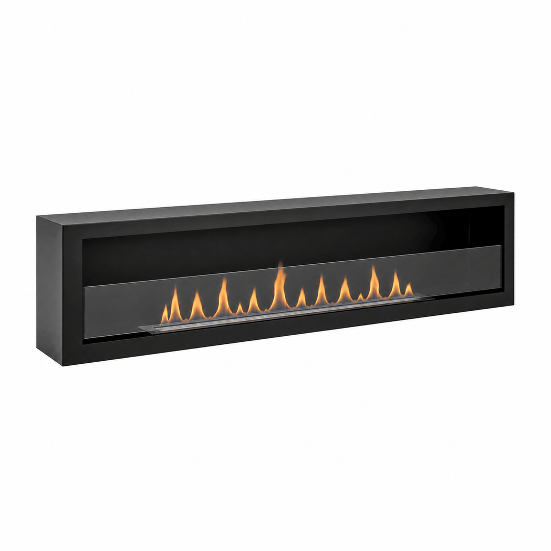 GMT Bioethanol-Wandkamin DELUXE XL in Schwarz mit Glas, seitliche Produktansicht mit Flammen