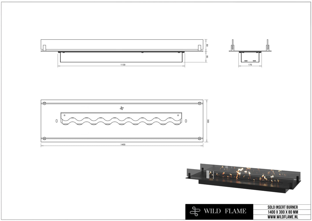 Bioethanol Einbau Brenner Einsatz SOLO 140 cm technische Zeichnung mit Maßen 1400 x 300 x 80 mm