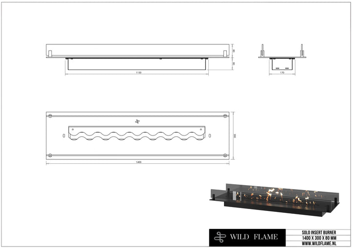 Bioethanol Einbau Brenner Einsatz SOLO 140 cm technische Zeichnung mit Maßen 1400 x 300 x 80 mm