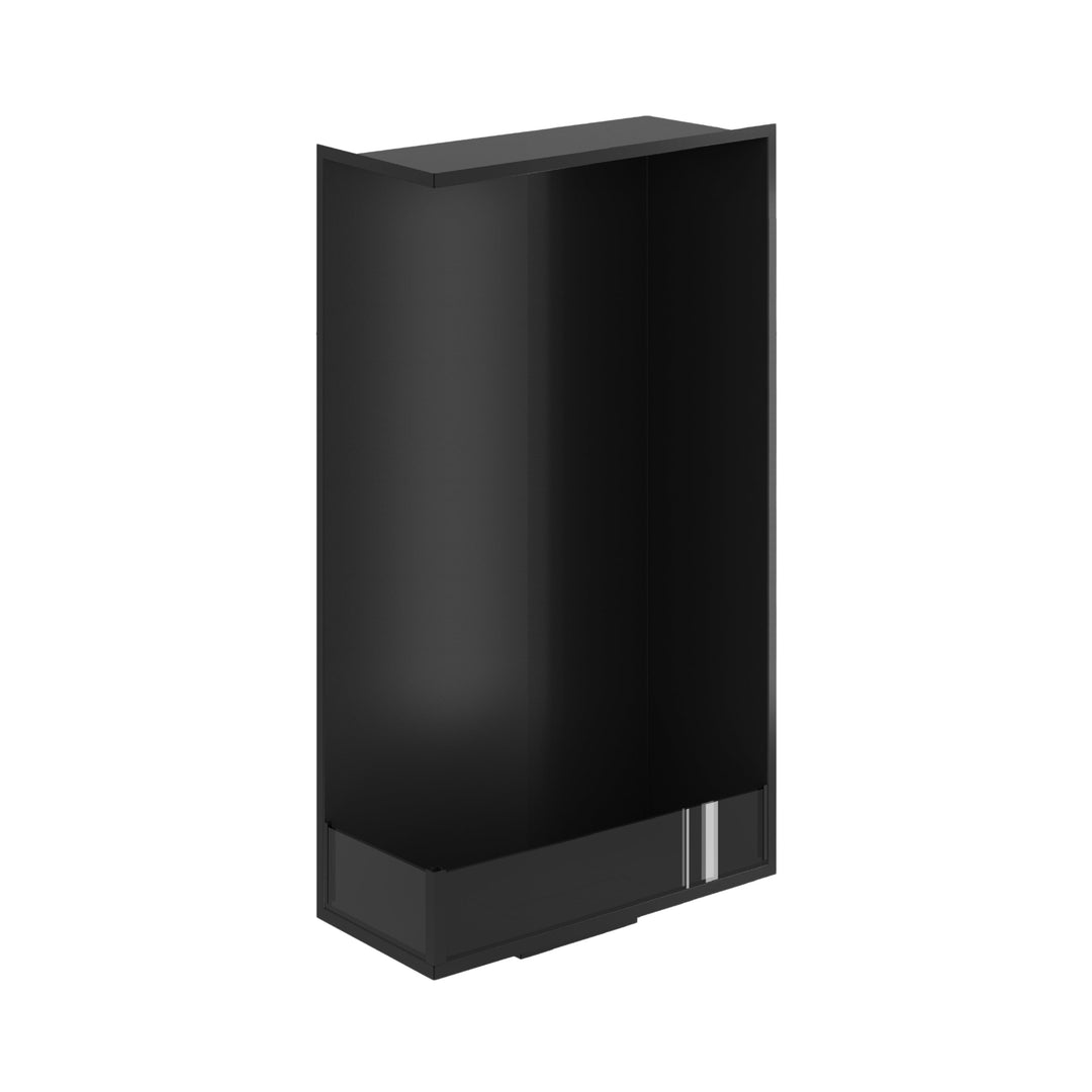 Bioethanol Einbau Eckkamin BASE Vertikal Links 60x140 cm in Schwarz, Schrägansicht von oben ohne Flammen auf weißem Hintergrund