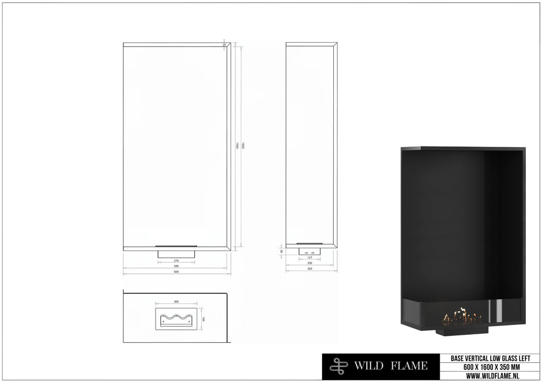 Bioethanol Einbau Eckkamin BASE Vertikal Links 60x160 technische Zeichnung mit Maßen 600 x 1600 x 350 mm