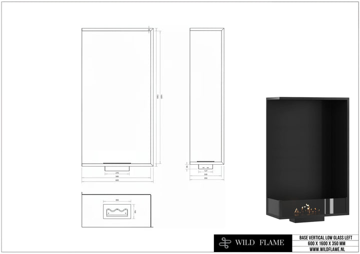 Bioethanol Einbau Eckkamin BASE Vertikal Links 60x160 technische Zeichnung mit Maßen 600 x 1600 x 350 mm