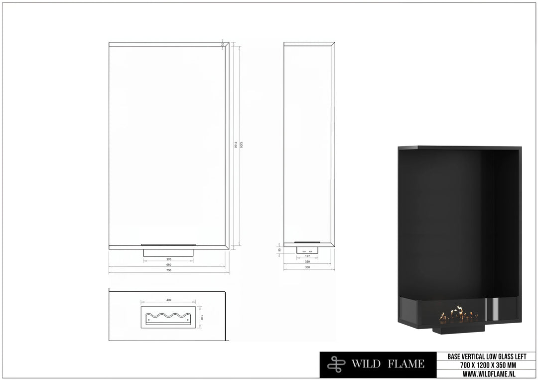 Bioethanol Einbau Eckkamin BASE Vertikal Links 70x120 technische Zeichnung mit Maßen 700 x 1200 x 350 mm