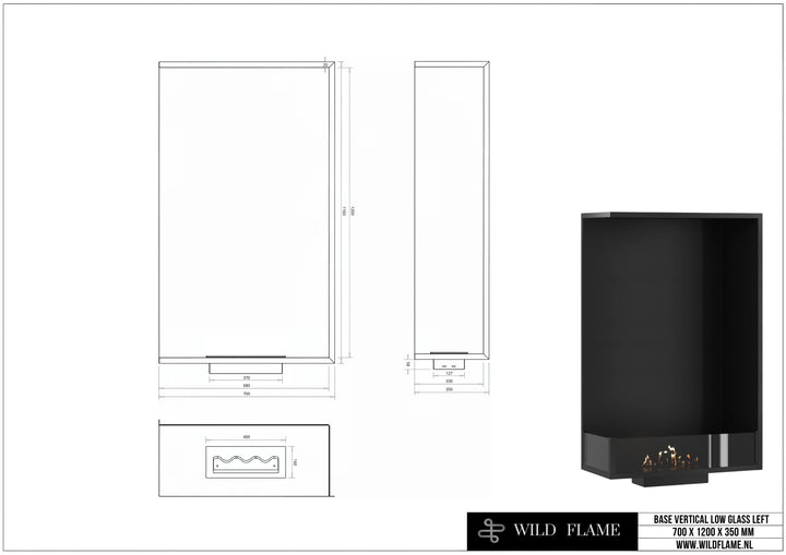 Bioethanol Einbau Eckkamin BASE Vertikal Links 70x120 technische Zeichnung mit Maßen 700 x 1200 x 350 mm