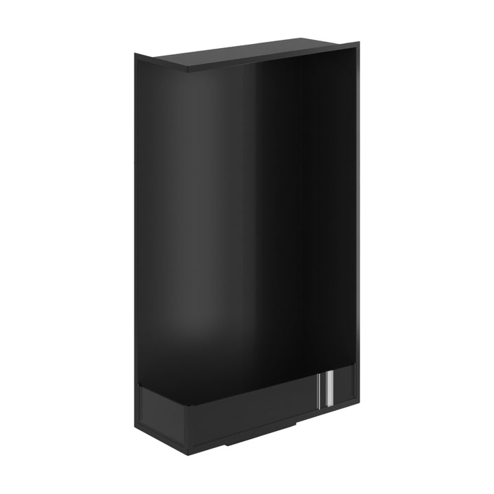 Bioethanol Einbau Eckkamin BASE Vertikal Links 70x160 cm in Schwarz, Schrägansicht von oben ohne Flammen auf weißem Hintergrund