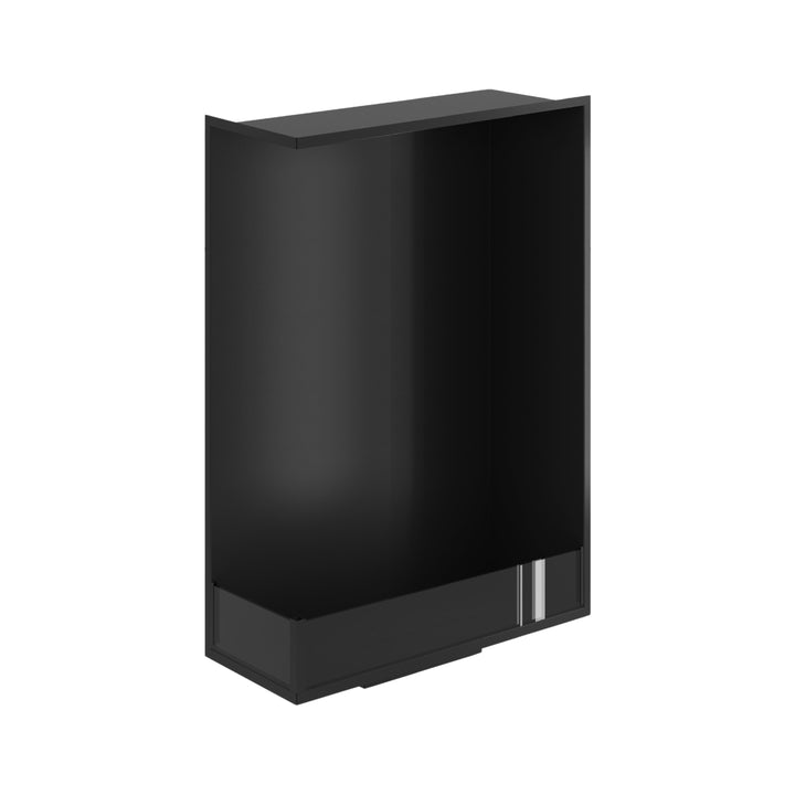 Bioethanol Einbau Eckkamin BASE Vertikal Links 80x140 cm in Schwarz, Schrägansicht von oben ohne Flammen auf weißem Hintergrund