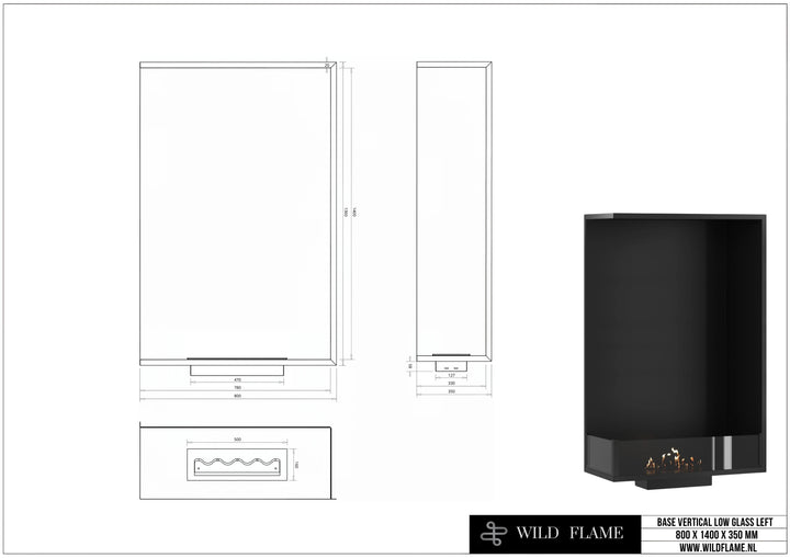 Bioethanol Einbau Eckkamin BASE Vertikal Links 80x140 technische Zeichnung mit Maßen 800 x 1400 x 350 mm