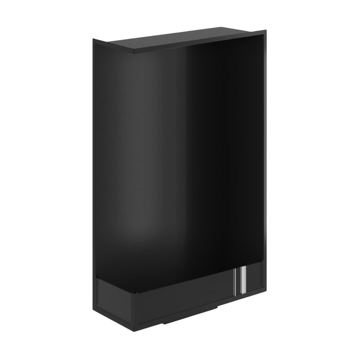 Bioethanol Einbau Eckkamin BASE Vertikal Links 80x160 cm in Schwarz, Schrägansicht von oben ohne Flammen auf weißem Hintergrund