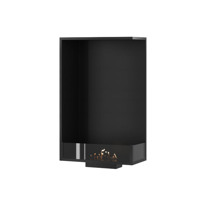 Bioethanol Einbau Eckkamin BASE Vertikal Rechts 60x100 cm mit niedriger Glasscheibe in Schwarz, Perspektivansicht mit Flammen auf weißem Hintergrund