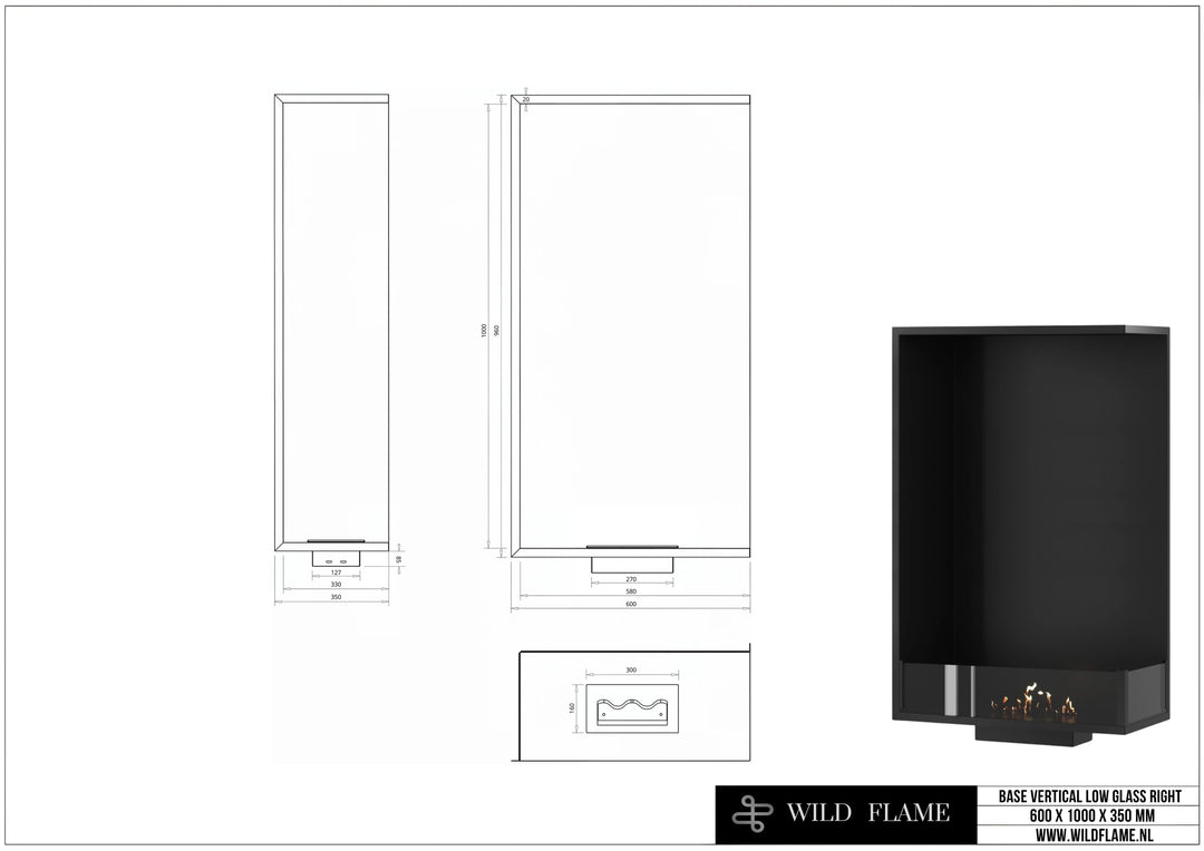 Bioethanol Einbau Eckkamin BASE Vertikal Rechts 60x100 technische Zeichnung mit Maßen 600 x 1000 x 350 mm