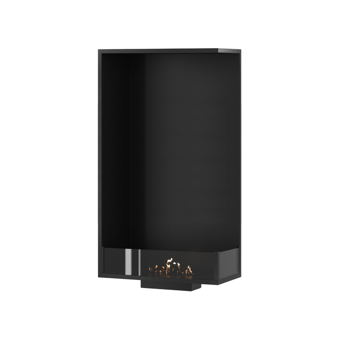 Bioethanol Einbau Eckkamin BASE Vertikal Rechts 60x120 cm mit niedriger Glasscheibe in Schwarz, Perspektivansicht mit Flammen auf weißem Hintergrund