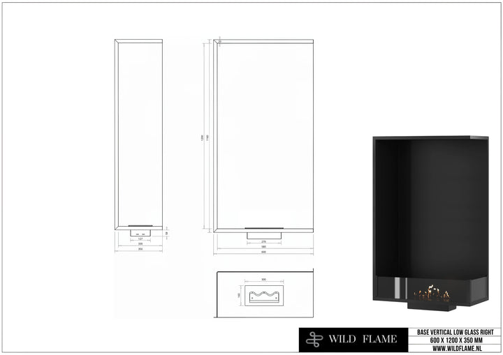 Bioethanol Einbau Eckkamin BASE Vertikal Rechts 60x120 technische Zeichnung mit Maßen 600 x 1200 x 350 mm