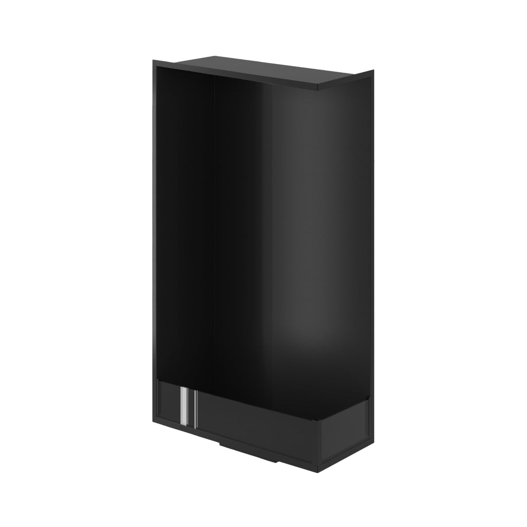 Bioethanol Einbau Eckkamin BASE Vertikal Rechts 60x140 cm in Schwarz, Schrägansicht von oben ohne Flammen auf weißem Hintergrund