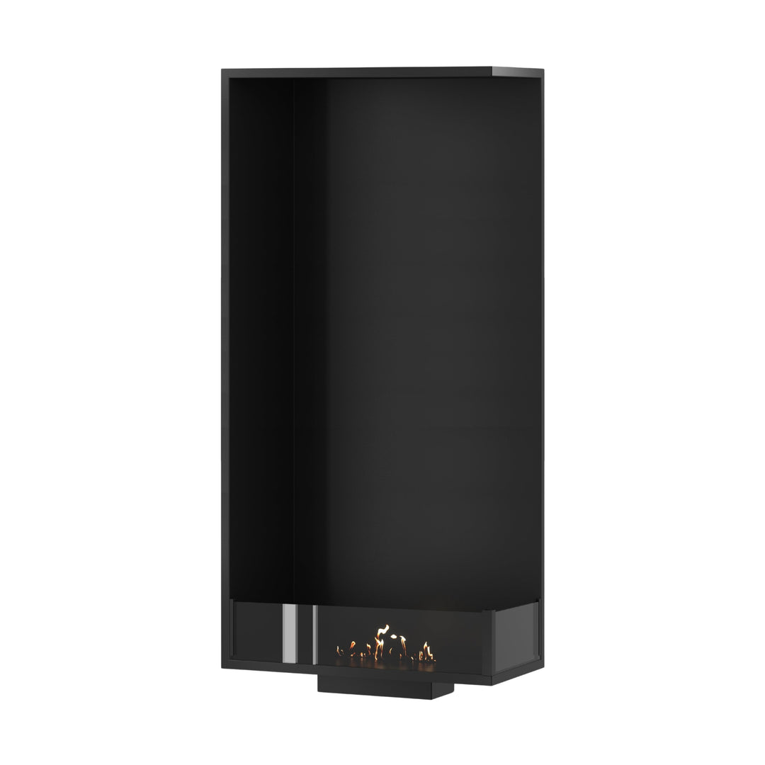 Bioethanol Einbau Eckkamin BASE Vertikal Rechts 60x160 cm mit niedriger Glasscheibe in Schwarz, Perspektivansicht mit Flammen auf weißem Hintergrund