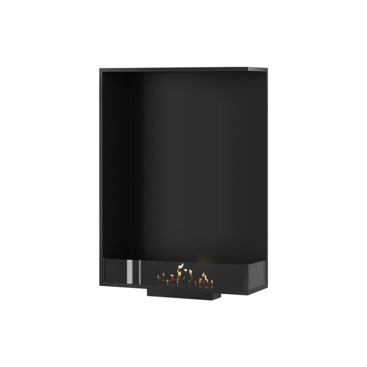 Bioethanol Einbau Eckkamin BASE Vertikal Rechts 70x100 cm mit niedriger Glasscheibe in Schwarz, Perspektivansicht mit Flammen auf weißem Hintergrund