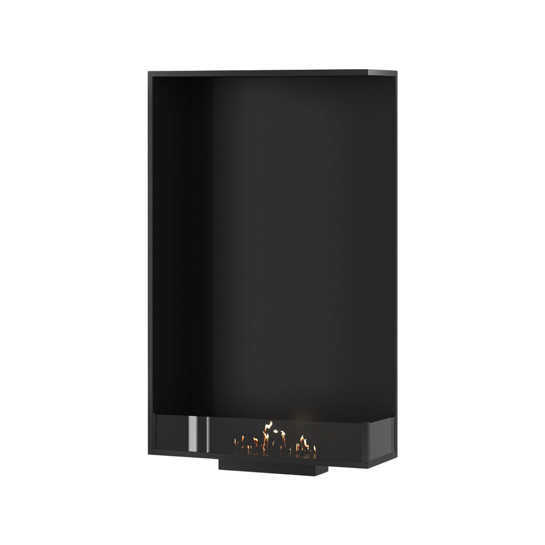 Bioethanol Einbau Eckkamin BASE Vertikal Rechts 70x140 cm mit niedriger Glasscheibe in Schwarz, Perspektivansicht mit Flammen auf weißem Hintergrund