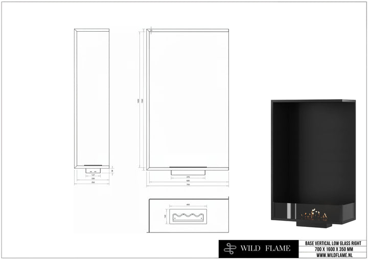 Bioethanol Einbau Eckkamin BASE Vertikal Rechts 70x160 technische Zeichnung mit Maßen 700 x 1600 x 350 mm